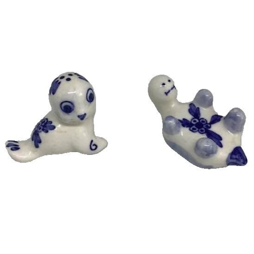 Delft Inspired Blue White Turtle Seal Pottery Ceramic Miniature Collectible